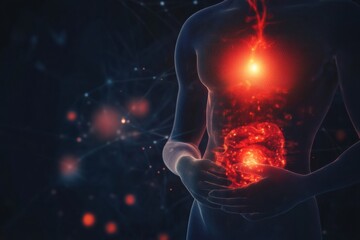 Poster - Glowing human torso with red focal point in stomach area illuminated against a dark background showcasing body and energy concept. Generative AI