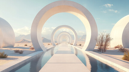 Poster - Futuristic white arches with a reflective water pathway in desert