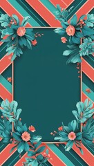 Wall Mural - Vibrant teal and coral diagonal stripes framing the edges for a fun bold border design in teal coral diagonal stripe border frame pattern background