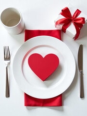 Poster - White And Red Table Setting Features A Top View Of Plate, Cutlery, Napkin, Gift Box With Bow And Valentine Heart For Love. 00003