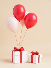 Poster - White Gift Boxes With Red Ribbons Are Tied To Red And White Balloons On A Light Beige Background For Special Occasions. 00003
