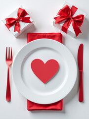 Poster - White And Red Table Setting Features A Top View Of Plate, Cutlery, Napkin, Gift Box With Bow And Valentine Heart For Love. 00002
