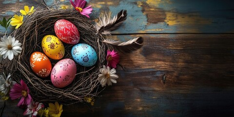 Colorful Easter eggs in a nest surrounded by flowers and feathers on a rustic wooden surface with warm tones and soft shadows creating a festive mood