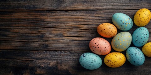 Wall Mural - Colorful Easter eggs in pastel blue, orange, yellow, and green arranged on a textured rustic wooden surface with dark brown tones and natural grain.