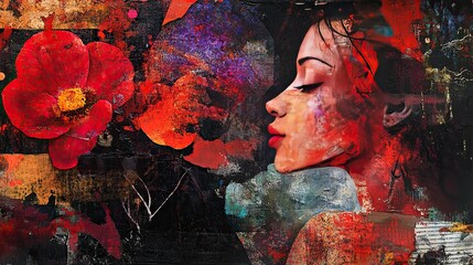 valentine day background red art abstract with red flower and beautyfull woman face