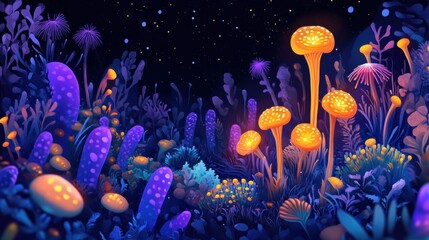 Poster - Explore an enchanting microscopic ecosystem teeming with vibrant friendly microbes in a stunning nighttime environment. Generative AI