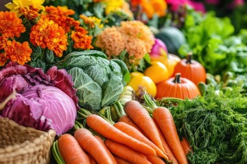 Aufkleber - Vibrant vegetable garden showcasing a variety of fresh carrots, cabbages, and pumpkins in a sunny setting. Generative AI