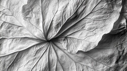 Wall Mural - close-up monochrome image of a large, textured leaf with prominent veins radiating from the center.