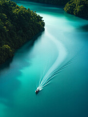 Poster - Aerial view of a boat navigating a turquoise waterway surrounded by lush greenery