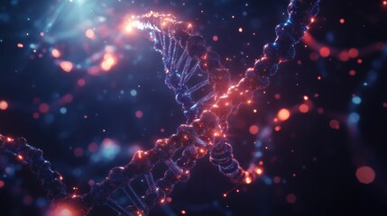Aufkleber - Glowing DNA double helix illuminated by molecular connections in a scientific exploration of genetics. Generative AI
