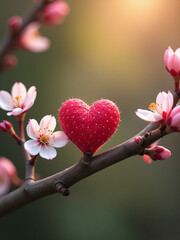 Wall Mural - small heart grows on tree branch amidst blooming flowers and blurred bokeh background with subtle de