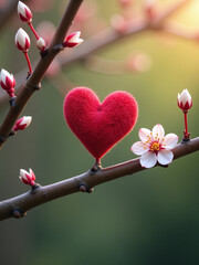 Wall Mural - small heart grows on tree branch amidst blooming flowers and blurred bokeh background with subtle de