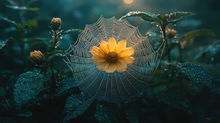Wall Mural - dew kissed spiderweb enveloping a yellow flower in a mystical garden