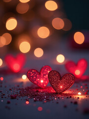 Aufkleber - Romantic Evening Setting Features Twinkling Lights, Sparkling Glitter, Shimmering Hearts, And A Soft Bokeh Effect In The Background. 00002
