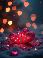 Aufkleber - Romantic Evening Setting Features Twinkling Lights, Sparkling Glitter, Shimmering Hearts, And A Soft Bokeh Effect In The Background. 00003