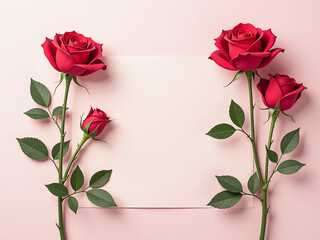 Aufkleber - Red Roses Illustration On A Flat Lay Background With Soft Pastel Colors In A Creative Concept. 00003