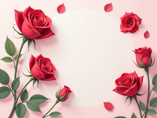 Aufkleber - Red Roses Illustration On A Flat Lay Background With Soft Pastel Colors In A Creative Concept. 00001
