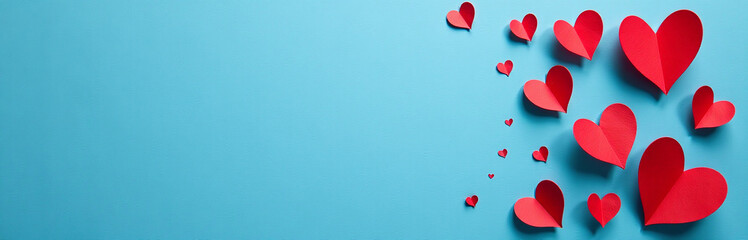 Poster - Red Paper Cut Heart Shapes Adorn A Blue Textured Background Leaving Space For Your Message, Suitable For Various Celebrations And Occasions. 00002