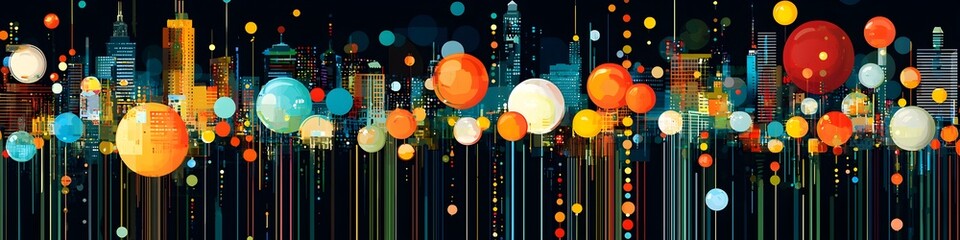 Wall Mural - A colorful painting of a city with many different colored balls