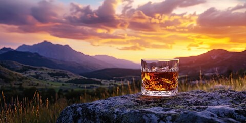 Whiskey glass with ice on a rock foreground against a vibrant sunset sky and mountainous landscape with purple and orange hues