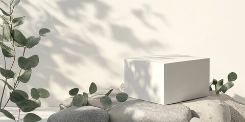 Poster - Empty white box centered on smooth gray stones with eucalyptus leaves partially surrounding it against a soft light background showcasing products.