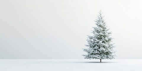 Wall Mural - Serene winter scene featuring a snow-covered Christmas tree on an empty white tabletop with soft grey background ideal for festive displays