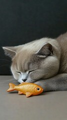 Wall Mural - A serene cat is blissfully asleep next to an orange toy fish, resting comfortably on a plain surface set against a dark backdrop