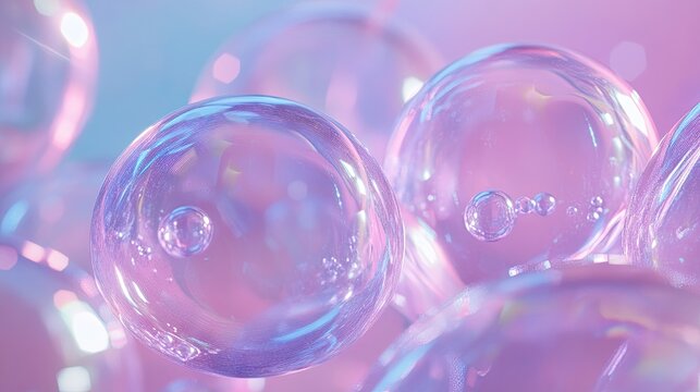 A modern pink and blue abstract composition featuring glossy transparent soap bubbles, gently shimmering in soft light.