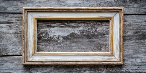 Wall Mural - Vintage empty photo frame with a distressed wooden background featuring grey and brown tones centered, ideal for showcasing design work.