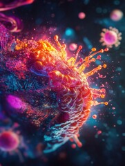 Aufkleber - Magnified human cell under viral attack showcasing details of cellular structure and viral interaction. Generative AI