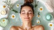 © ryker - Relaxing woman in bath surrounded by flowers and skincare products, enjoying serene moment of self care and tranquility. soothing atmosphere enhances her peaceful expression