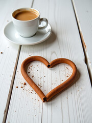 Poster - Cinnamon Heart Shape Sits On A White Wooden Table With Space For Text Near A Cup Of Coffee In Romantic Setup. 00003