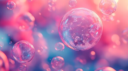 Poster - A textured pink and blue abstract background with softly illuminated soap bubbles creating an ethereal and playful visual.