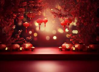 Poster - Red lanterns illuminate a festive scene.  Branches laden with blossoms frame a dimly lit platform, creating a celebratory mood, perfect for a holiday backdrop.