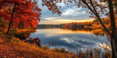 Wall Mural - autumn lake view showcasing vibrant orange and red foliage reflecting on tranquil water under a gold