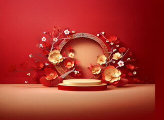 Poster - Elegant red and gold circular podium adorned with paper flowers and branches, against a rich red backdrop.  Perfect for festive displays.