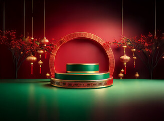 Poster - Elegant green and red tiered podium, adorned with traditional Chinese lanterns and cherry blossoms, set against a rich red backdrop.  Perfect for festive display.