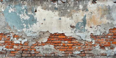 Poster - Weathered red brick wall with peeling blue and white plaster, showcasing texture and decay, providing ample copyspace for text.