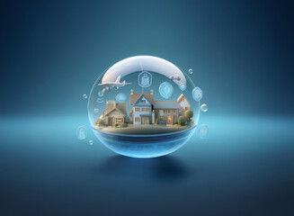 Poster - A digital rendering shows a miniature village secured within a transparent sphere, symbolizing safety and protection, with various technology icons suggesting a smart community and air travel.