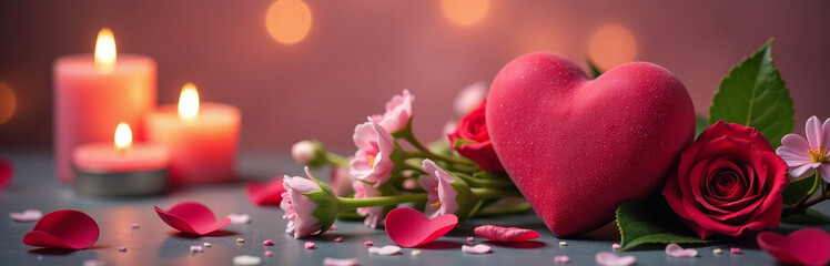 Aufkleber - A Romantic Card Features A Heart Surrounded By Candles, Flowers, And Soft Bokeh Lighting To Leave Ample Copy Space. 00002