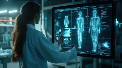 Fototapete - Medical diagnostic data displayed on a futuristic touchscreen in a clinical research facility. Generative AI