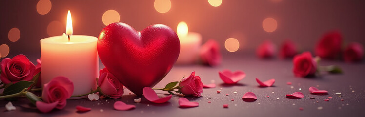 Aufkleber - A Romantic Card Features A Heart Surrounded By Candles, Flowers, And Soft Bokeh Lighting To Leave Ample Copy Space. 00001