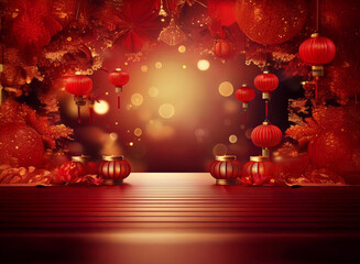 Poster - A festive scene with red lanterns, sparkling ornaments, and a dark red wooden table creates a warm and celebratory atmosphere, perfect for holiday displays.