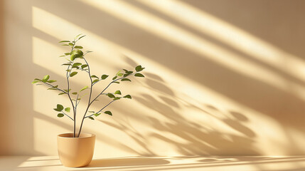 Poster - Minimalistic concept of a green plant in front of a beige wall with sunlight streaming through a window, casting soft shadows on the floor. Perfect for interior design, natural light, and mockup backg