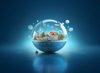 Aufkleber - A miniature city encased within a transparent sphere rests on a grid, symbolizing a protected, sustainable urban environment.  Small bubbles surround it, suggesting interconnectedness and fragility.