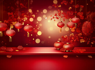 Poster - Red lanterns and blossoms adorn a festive scene, perfect for celebrating the new year.  A red shelf provides display space against a bokeh background.