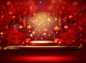 Poster - A luxurious red and gold display with a circular platform, adorned with Chinese lanterns, pomegranates, and floral decorations.  Perfect for showcasing products or celebrating festive occasions.