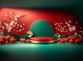 Poster - Elegant festive scene with red and green tones.  A circular podium is the centerpiece, surrounded by blossoming branches, paper lanterns, and fans, creating a celebratory atmosphere.