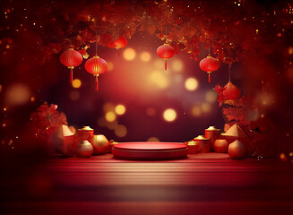 Poster - A festive red and gold scene with hanging lanterns, bokeh lights, and a circular display platform. Perfect for showcasing products or celebrating the Lunar New Year.