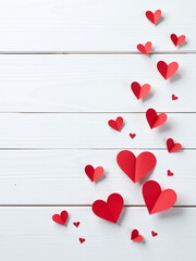 Poster - A Minimalist Design Features Small Red Paper Hearts Against A White Wooden Background, Ideal For A Postcard Or Love Message. 00003